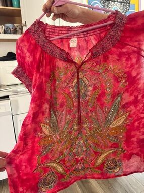 Bila Pink Medallion Peacock Boho Blouse Plus Size XXL Beaded Tassel Sequin
